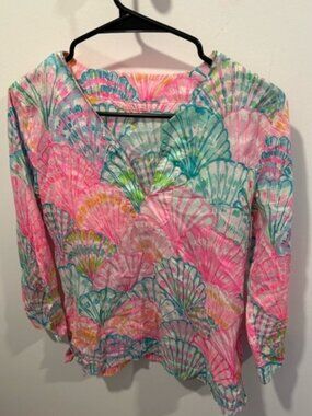 Lilly Pulitzer Amelia Island Tunic Top Small Pink Shell Print Coastal Preppy EUC